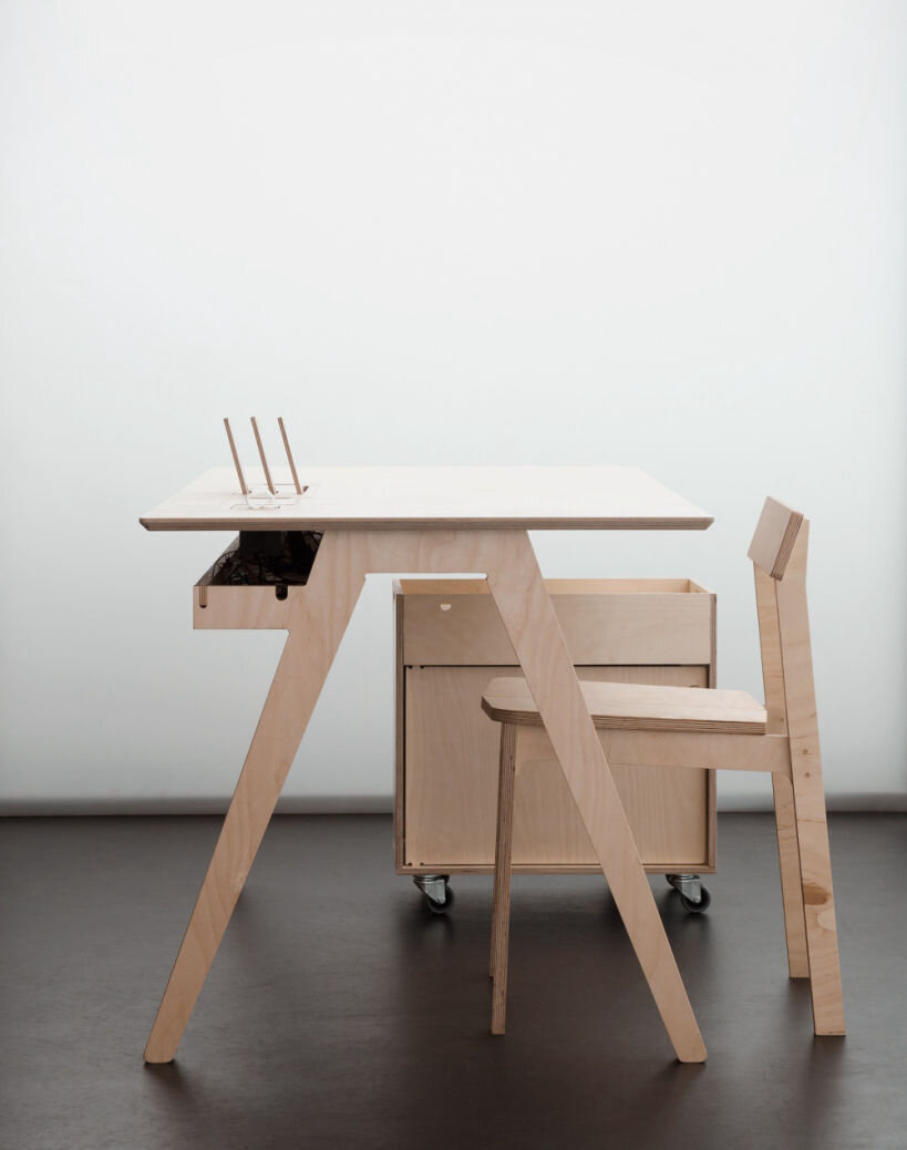 Promotional shots of Studio Desk by Joni Steiner and Roxanne Chair by Pierrick Faure